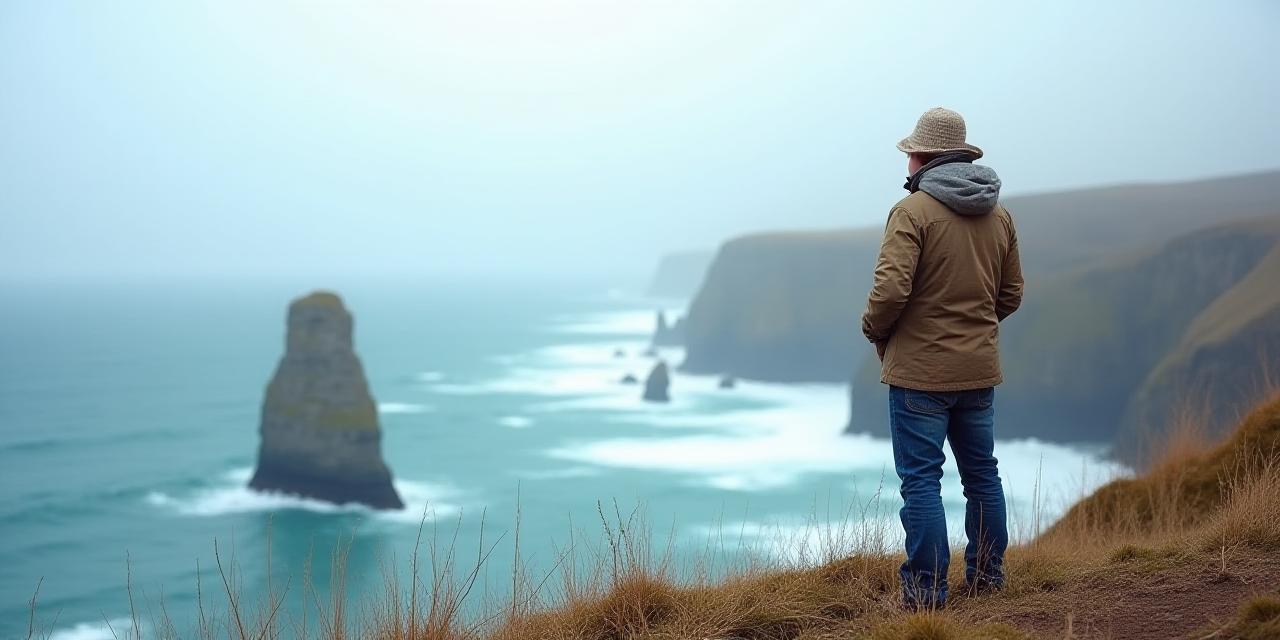 Model wearing a meteorological map t-shirt in a coastal setting